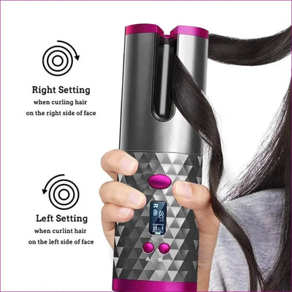 Woman holding a hair dryer and text ’right and left’ on fast & wireless hair curler package