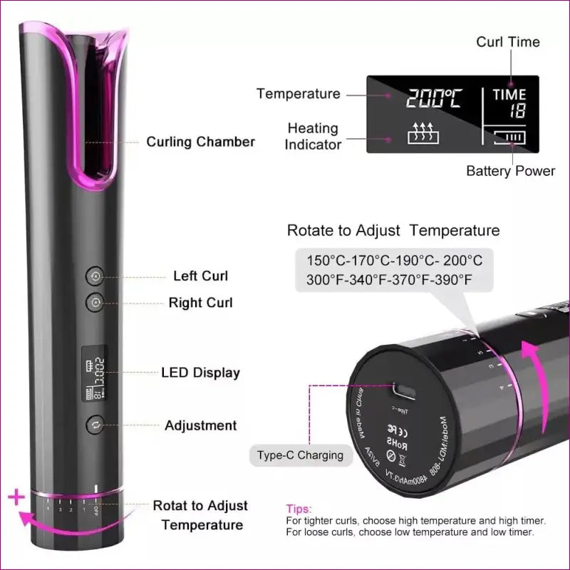 Auto Hair Styling Curler - Grey and Pink